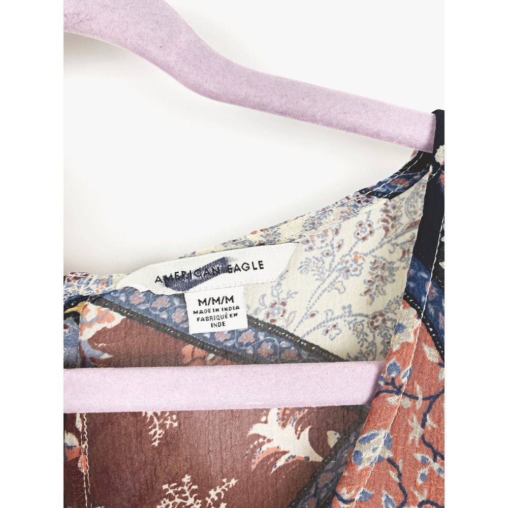 AEO Patchwork Floral Paisley Boho Peplum Blouse Tie Back Medium - Picture 3 of 9